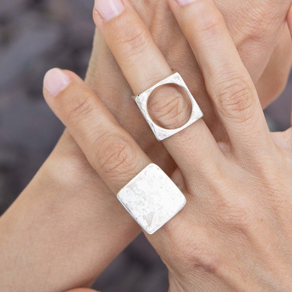 68 / Silver Square Geometric Ring, Abstract Minimalist Ring