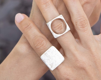 68 / Silver Square Geometric Ring, Abstract Minimalist Ring