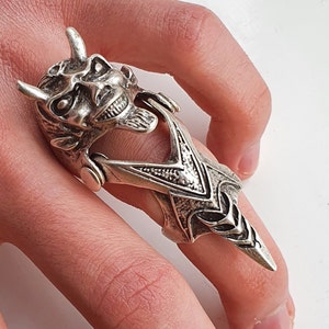 R7 Hannya Mask Joint Ring - Silver slave filigree Devil Armor Ring, Gothic Jewelry