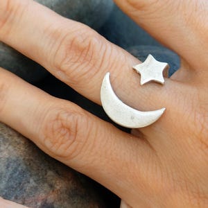 Silver Moon Star Ring Adjustable Celestial Jewelry Lunar Astrology Gift Minimalist Unique Band R35