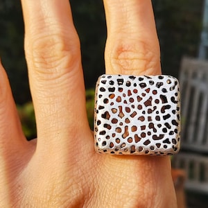 silver ring square textured modern statement bold women fashion jewelry gift R25