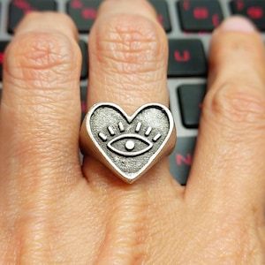 Heart Eye Signet Ring Silver Adjustable Boho Jewelry Protection Symbol Gift R111