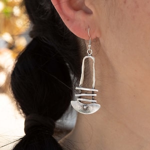 30- Silver dangling Long SHIELD earrings, Silver dangle bohemian earrings, tribal ethnic silver earrings