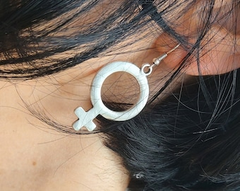 R28 Silver Feminist Pride Lesbian Earrings, Venus Female Symbol Jewelry
