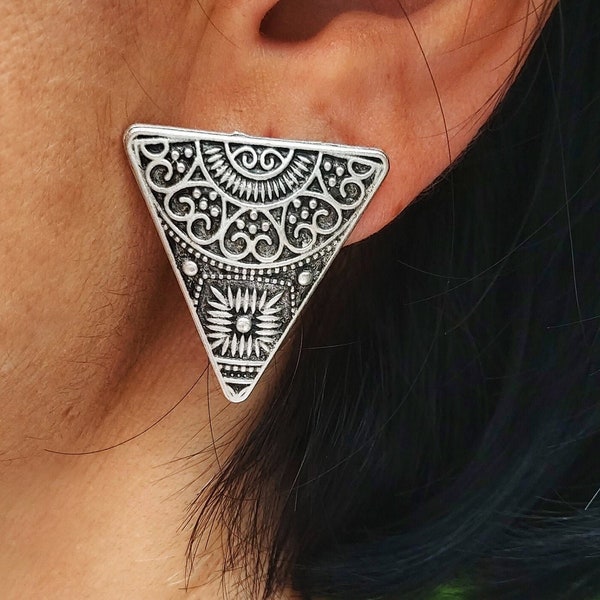 55- Silver ETHNIC Triangle Mandala Earrings