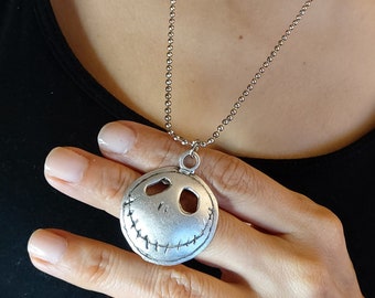 Halloween Pumpkin Face Necklace, Silver Plated SCARY Pendant