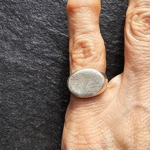 May include: A silver-colored oval signet ring. The ring is worn on a finger, showcasing its simple, yet elegant design. The ring's surface has a slightly textured appearance, reflecting light. The overall aesthetic is minimalist and classic.