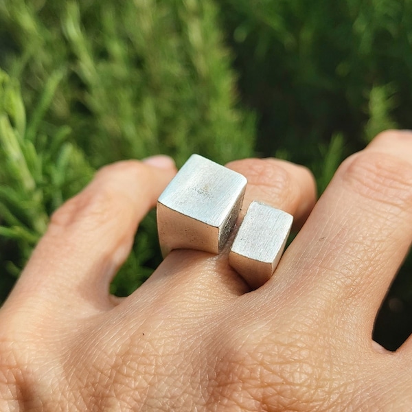 Brutalist Silver Plated Modernist Ring, Abstract Statement Ring R96