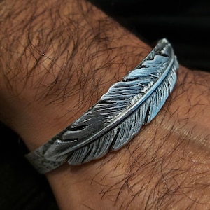 33 / Silver Feather Ethnic Indian Men cuff bracelet, Bohemian silver Mens bangle cuff