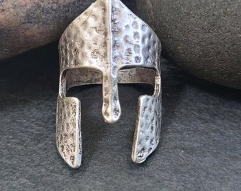 62-Medieval Knight Helmet Silver Ring for Men, Greek Corinthian Soldier Hammered Helmet Rings