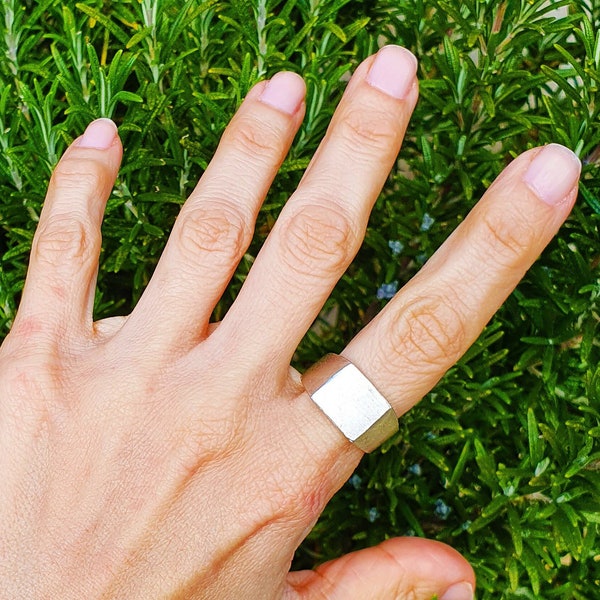 R13- Unisex Handcrafted Modern Minimalist Silver Plated Signet Ring | Bold Geometric Statement Jewelry