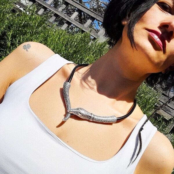 40 Silver SNAKE / OUROBOROS Choker Necklace with Leather Rope