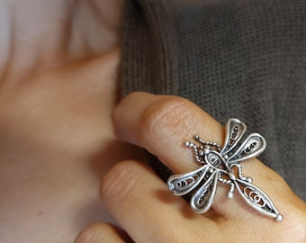 85 / Dragonfly Silver ring, Moth goth bee ring, Butterfly ring