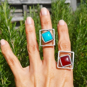 105 / Silver SQUARE Geometric Ring, Colored Abstract Frame Ring