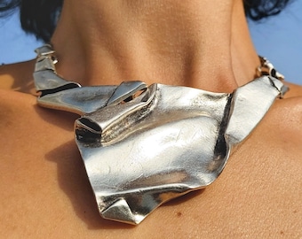 23 / BRUTALIST Asymmetrical Necklace, Antique Silver Statement Chunky Bib Necklace, Modernist Jewelry