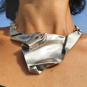 23 / BRUTALIST Asymmetrical Necklace, Antique Silver Statement Chunky Bib Necklace, Modernist Jewelry image 1