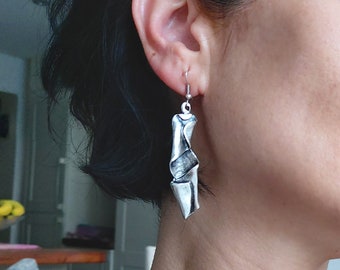 39- Brutalist Antique Silver Wrinkled Designer Earrings