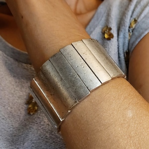 B33 Brutalist WIDE Silver Engraved Cuff Bracelet, Stretch bracelet