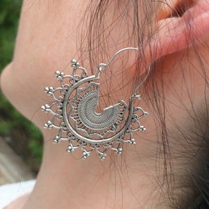 29 Silver Ethnic MANDALA Dangly Earrings, Flower sun Statement Earrings image 2