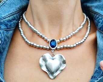 Set of Two Silver Plated Sapphire Rhinestone Heart Choker, Layered Stacking Necklace