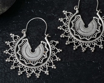 29- Silver Ethnic MANDALA Dangly Earrings, Flower sun Statement Earrings