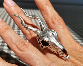 61-Silver Deer Skull with Horn Ring, Animal Caribou Stackable Ring