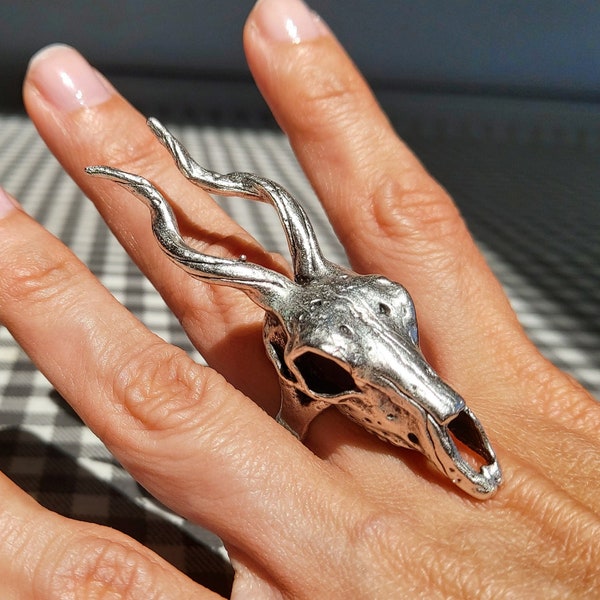 61-Silver Deer Skull with Horn Ring, Animal Caribou Stackable Ring