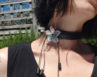 Black Leather Choker with Silver Flower, black thick strips collar