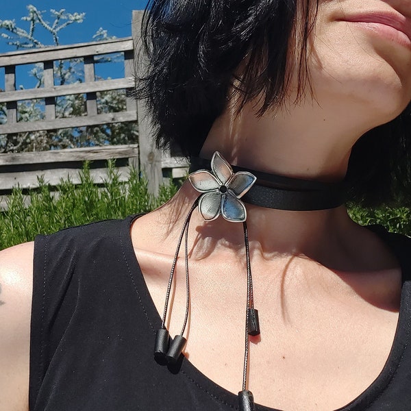 Black Leather Choker with Silver Flower, black thick strips collar