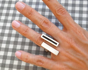 48 / Silver Brutalist Double Lines Ring, Modernist Abstract Ring, US Size 6-7 inches