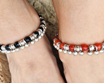 Red Agate -Black Onyx Gemstone Silver Dangle Chain Anklet, Beach Foot Jewelry