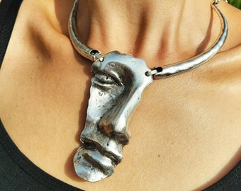 27-Antique Silver Greek FACE Mask Necklace