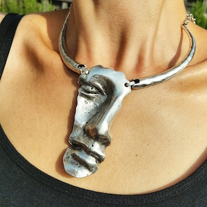 27-Antique Silver Greek FACE Mask Necklace