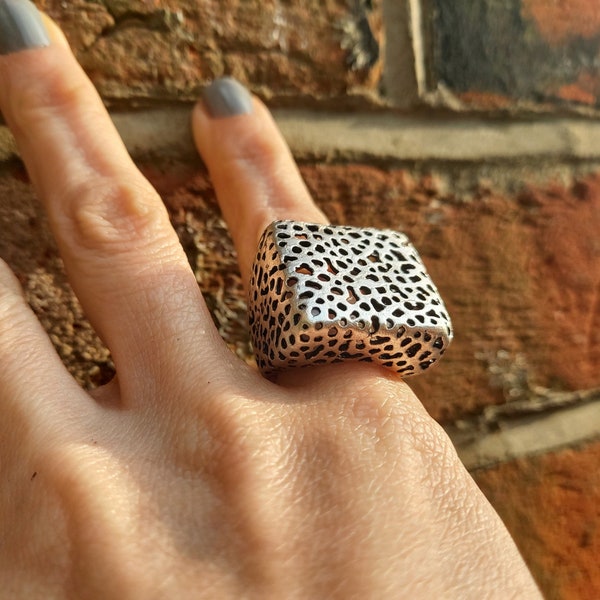 130 / Silver Plated Big Engraved Square Geometric Ring, Abstract Textured Statement Ring