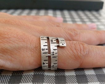 36-Silver Tape measure Ring, Modernist Abstract Meter Ring for Engineer, Architect, Tailor, Maths Student Graduate