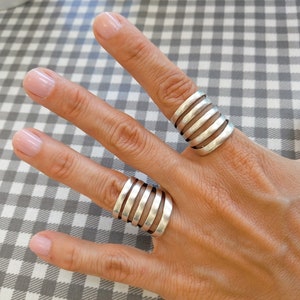 46 / Silver  / Gold Thick Lines Ring, Modernist Stacking Band Ring, US size 7.5-8 inch