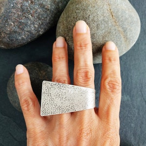 30 / Silver Brutalist Hammered Big Plate Ring, Modernist Abstract Ring