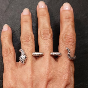 Peut inclure: Trois bagues en argent en forme de serpent portées sur une main. Les bagues sont de tailles et de styles différents. La bague sur l'index est un serpent avec une tête, la bague sur le majeur est une simple bande de serpent et la bague sur l'annulaire est un serpent avec une queue.