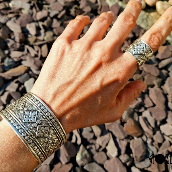 6-Braccialetto-braccialetto con anello in argento WIDE inciso indiano, anello-braccialetto etnico boho