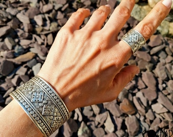 6-Indische gravierte Breit Silber Statement Ring Manschetten-Armband, ethnischer Boho-Armreif-Ring