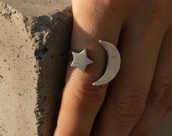 Moon Star Ring, Adjustable Silver Celestial Open Band, Boho Cosmic Statement, Delicate Astrology Gift