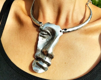 Brutalist Greek Face Necklace Sculptural Statement Jewelry Abstract Art Pendant Modernist Collar Unisex Gift