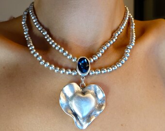 Set of Two Silver Plated Sapphire Rhinestone Heart Choker