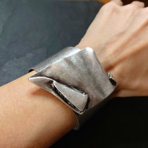 38 / BRUTALIST Asymmetrical Cuff Bracelet, Antique Silver Statement Chunky Bangle CUff, Modernist Jewelry image 5