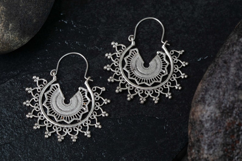 29 Silver Ethnic MANDALA Dangly Earrings, Flower sun Statement Earrings image 1