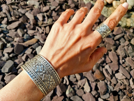 6-Indian Engraved WIDE Silver Statement Ring Cuff-Bracelet, ethnic boho cuff bangle-ring