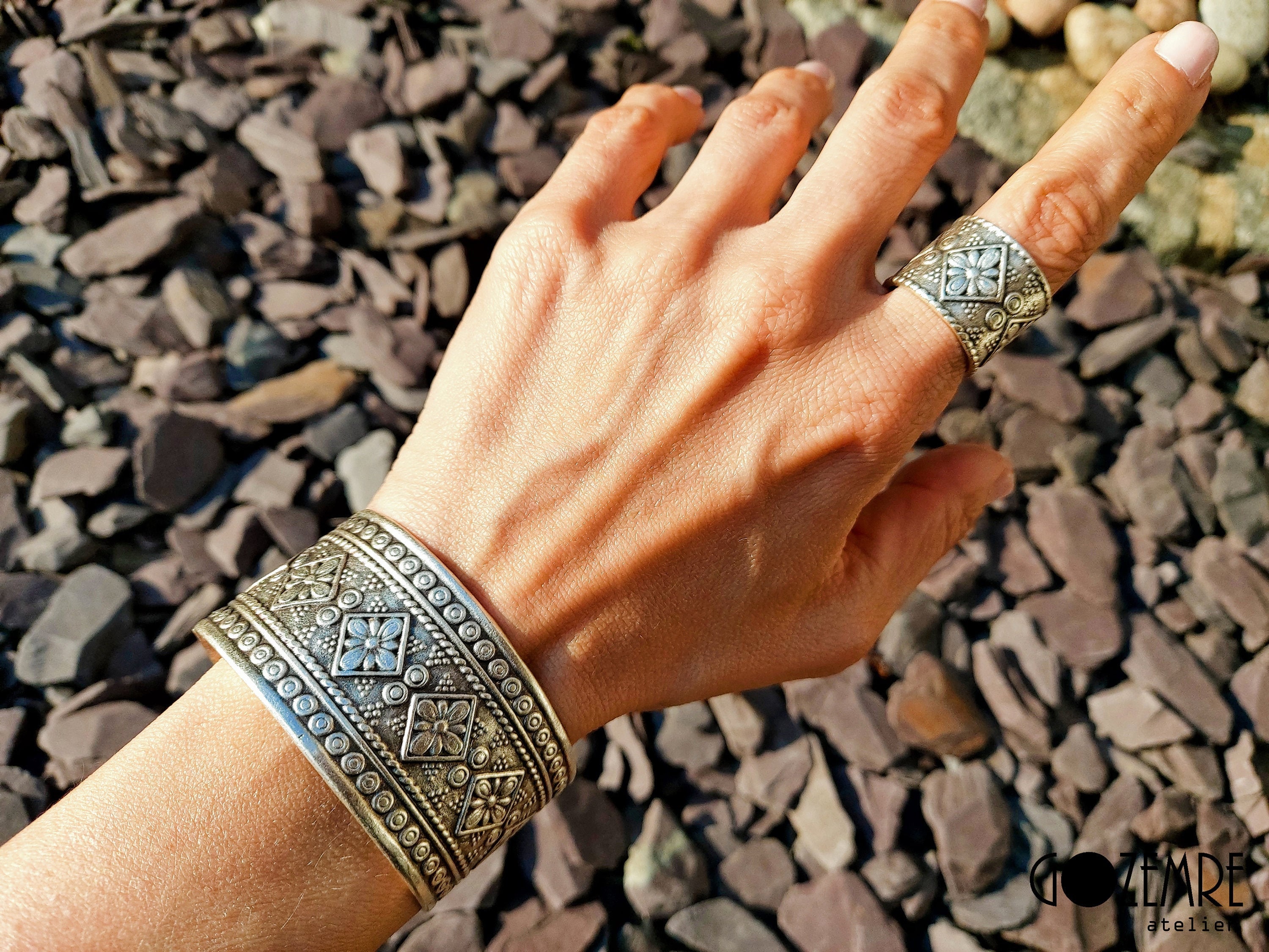 6-indian Engraved WIDE Silver Statement Ring Cuff-bracelet 