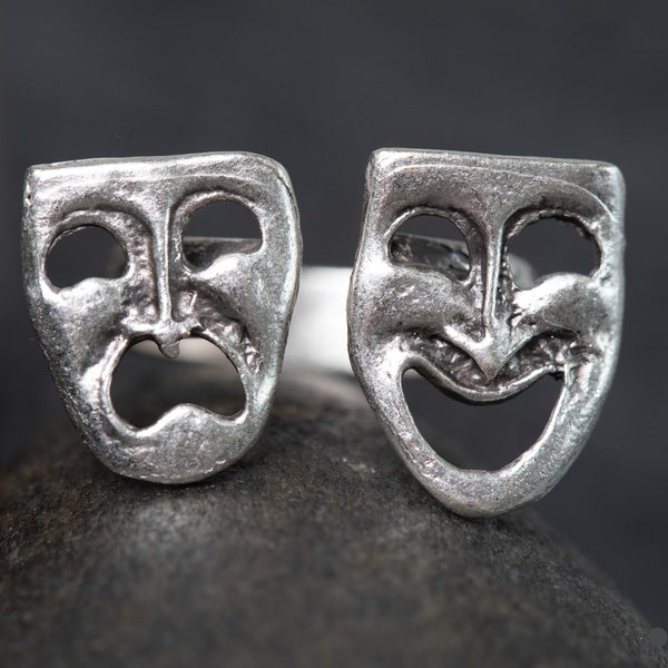 R10- Modern Abstract Face Ring - Silver Theatrical Drama Jewelry, Expressive Artistic Design