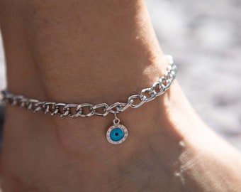 Silver Anklet Bracelet, Dangly Evil Eye Beach thick chain Jewelry