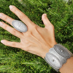 B17 Indian Engraved Wide Silver Statement Ring Cuff-Bracelet, ethnic boho cuff bracelet